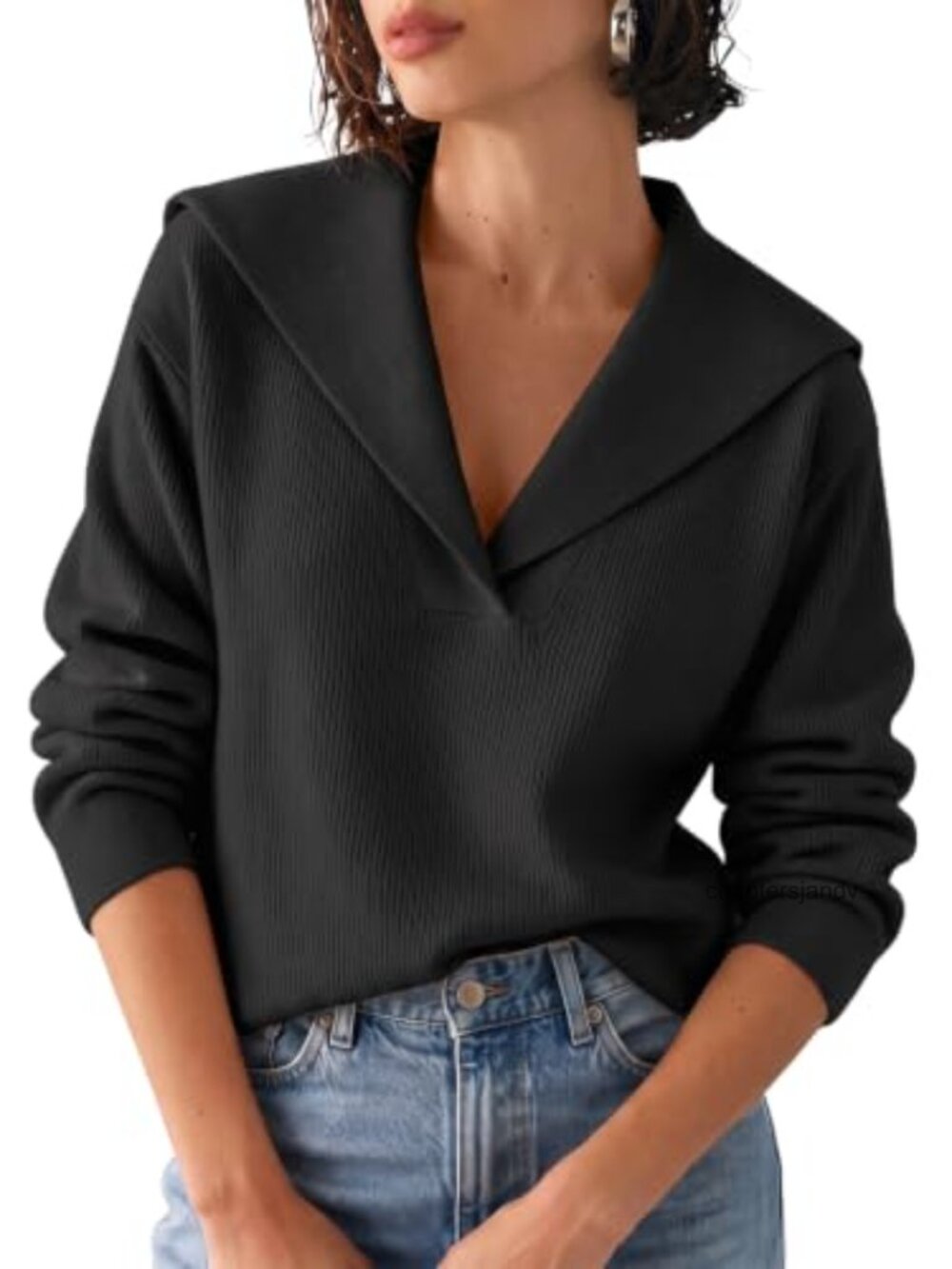 Ribbed Knit Lapel V-Neck Long Sleeve Pullover Sweater Business Casual